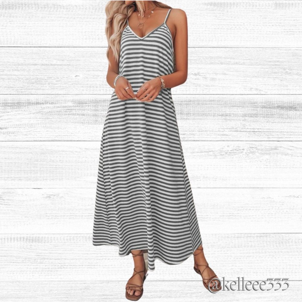 Gray Striped Cami Maxi Dress Sz 8/10